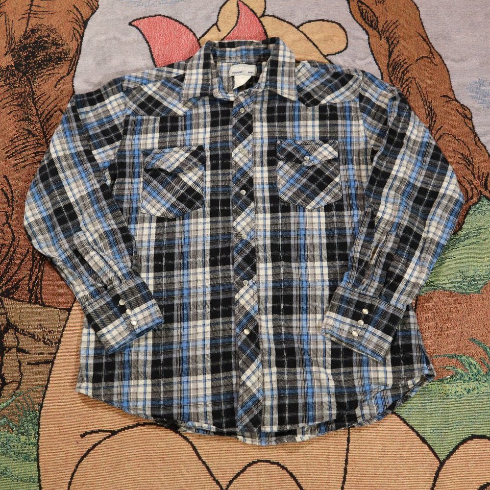 Vintage Y2K Wrangler Pearl Snap Button Up Blue Plaid Flannel Shirt Size Mens L